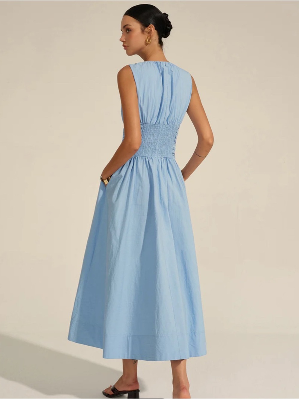 Commense Light Blue Sleeveless Gathered Waist Midi Dress - Picture 4 of 9